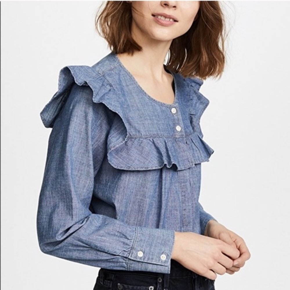Chambray Ruffle Yoke Top In Denim